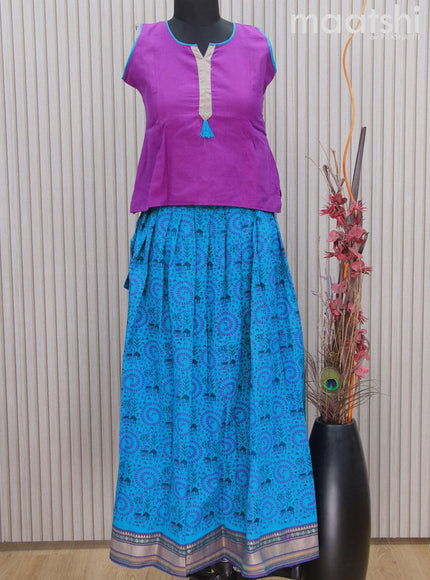 Mangalgiri cotton kids lehenga purple and cs blue with patch work neck pattern and warli prints & woven border Sleeve attached - {{ collection.title }} by Prashanti Sarees