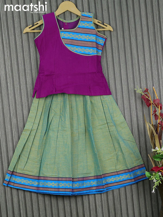 Mangalgiri cotton kids lehenga purple and dual shade of green with patch work neck pattern and woven border for 5 years - {{ collection.title }} by Prashanti Sarees