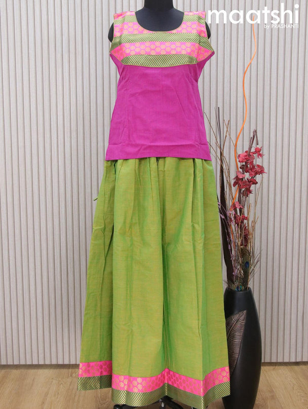 Mangalgiri cotton kids lehenga purple and light green with patch work neck pattern and zari woven border Sleeve attached - {{ collection.title }} by Prashanti Sarees