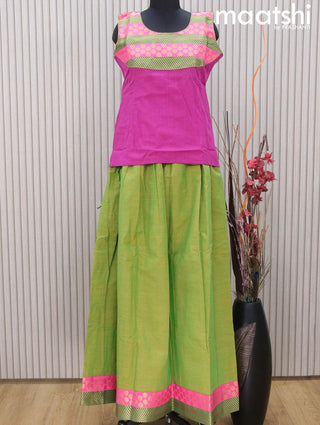 Mangalgiri cotton kids lehenga purple and light green with patch work neck pattern and zari woven border Sleeve attached