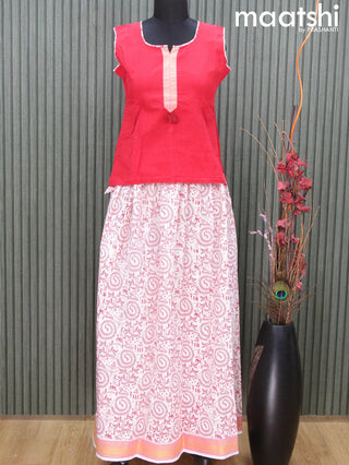 Mangalgiri cotton kids lehenga red and off white with patch work neck pattern and warli prints & woven border Sleeve attached