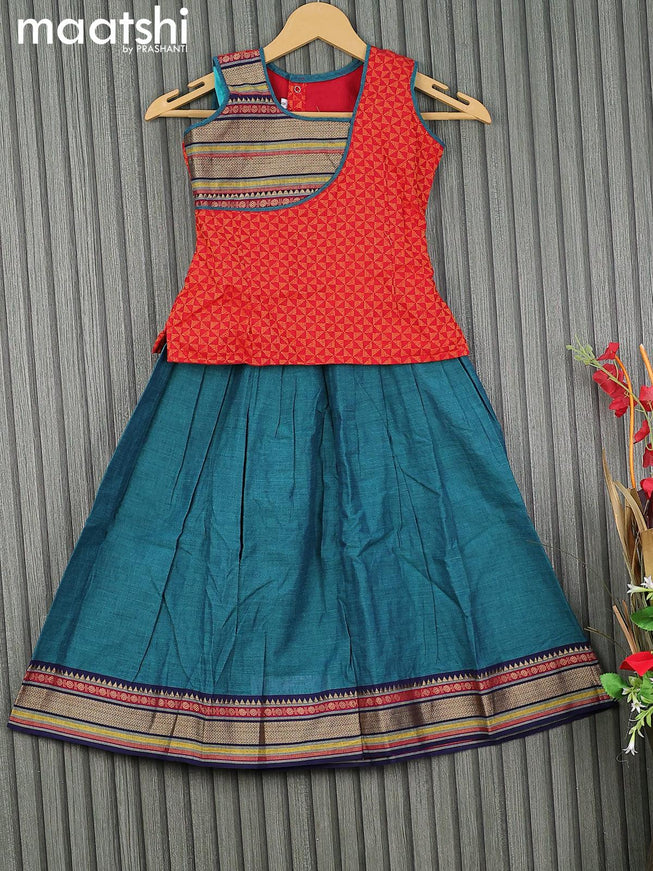 Mangalgiri cotton kids lehenga red and teal green with patch work neck pattern and woven border for 5 years - {{ collection.title }} by Prashanti Sarees
