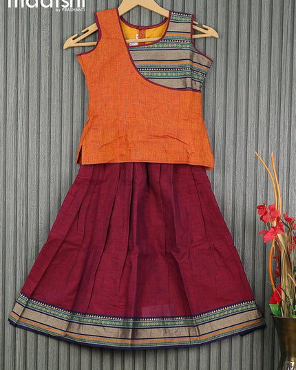 Mangalgiri cotton kids lehenga rust shade and maroon with patch work neck pattern and woven border for 6 years - {{ collection.title }} by Prashanti Sarees