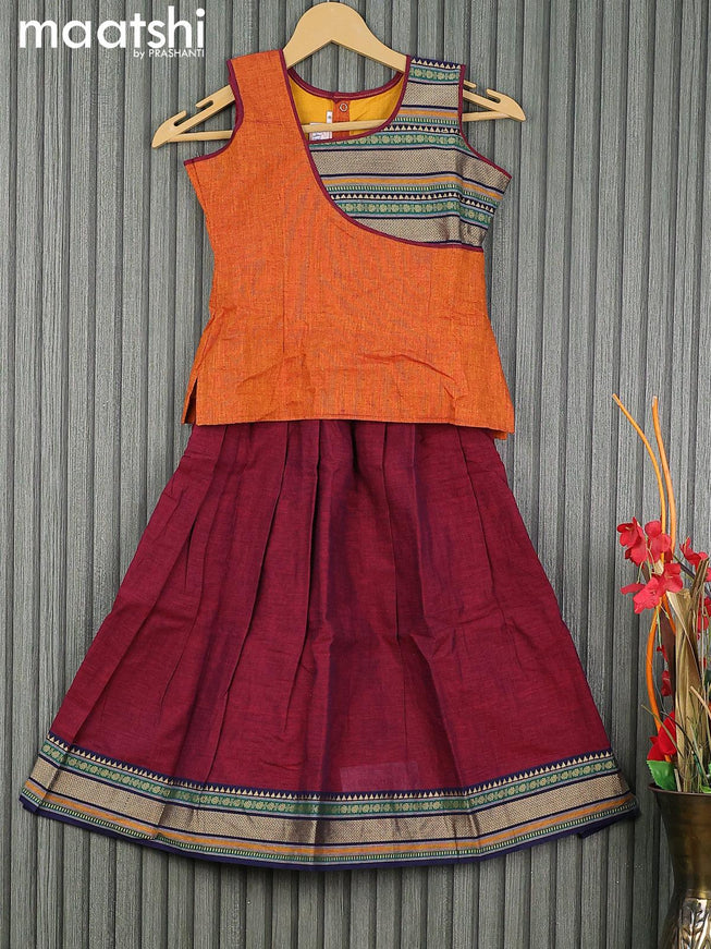 Mangalgiri cotton kids lehenga rust shade and maroon with patch work neck pattern and woven border for 6 years - {{ collection.title }} by Prashanti Sarees