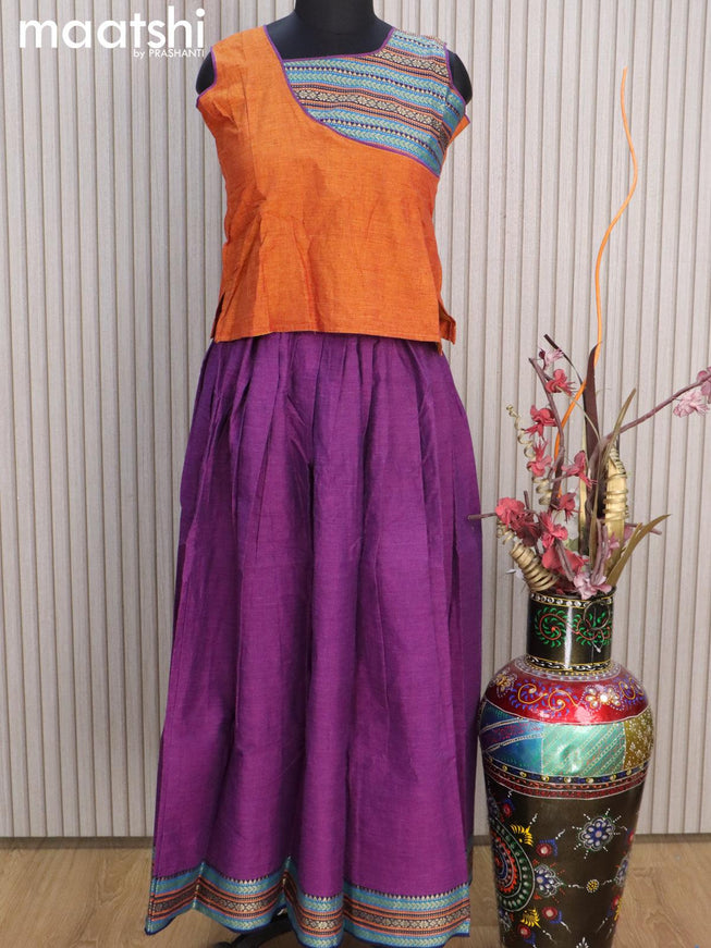 Mangalgiri cotton kids lehenga rust shade and purple with patch work neck pattern and woven border for 11 years - {{ collection.title }} by Prashanti Sarees