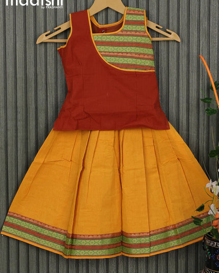 Mangalgiri cotton kids lehenga rust shade and yellow with patch work neck pattern and woven border for 3 years - {{ collection.title }} by Prashanti Sarees
