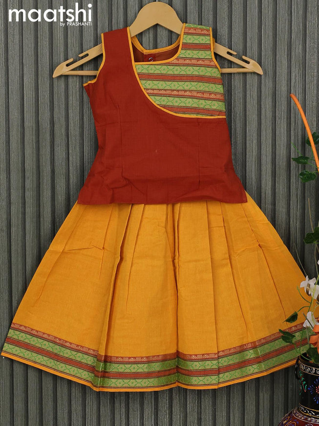 Mangalgiri cotton kids lehenga rust shade and yellow with patch work neck pattern and woven border for 3 years - {{ collection.title }} by Prashanti Sarees