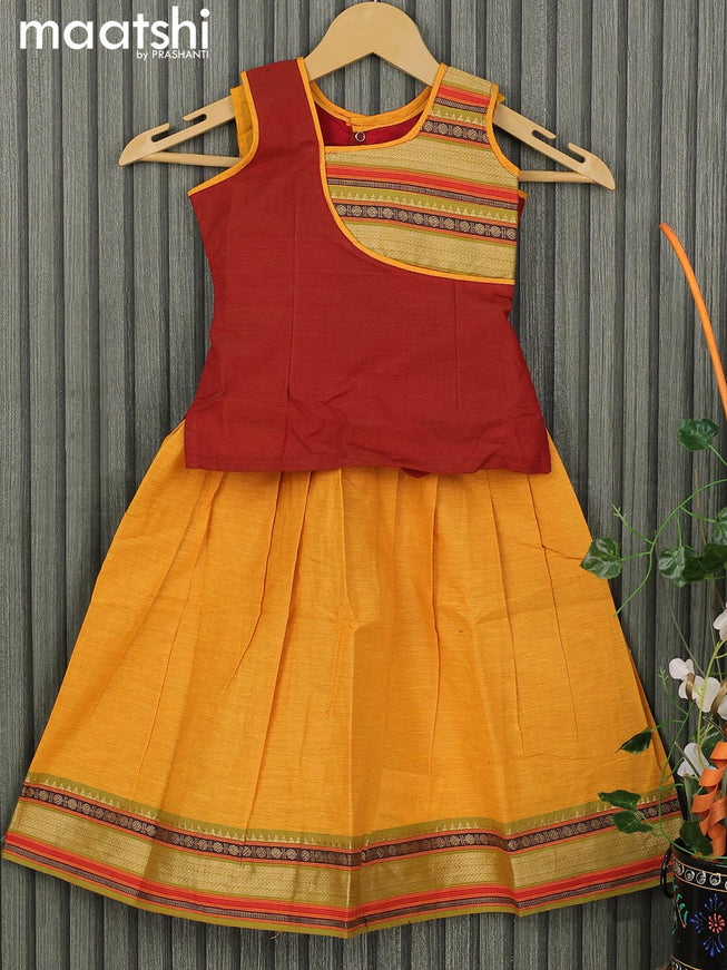 Mangalgiri cotton kids lehenga rust shade and yellow with patch work neck pattern and zari woven border for 3 years - {{ collection.title }} by Prashanti Sarees