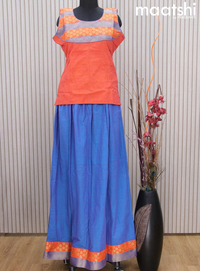 Mangalgiri cotton kids lehenga sunset orange and cs blue with patch work neck pattern and zari woven border Sleeve attached - {{ collection.title }} by Prashanti Sarees