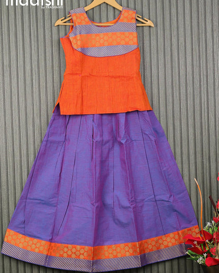 Mangalgiri cotton kids lehenga sunset orange and dual shade of blue with patch work neck pattern and zari woven border for 9 years - {{ collection.title }} by Prashanti Sarees