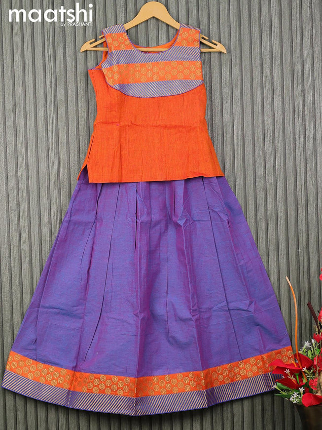 Mangalgiri cotton kids lehenga sunset orange and dual shade of blue with patch work neck pattern and zari woven border for 9 years - {{ collection.title }} by Prashanti Sarees