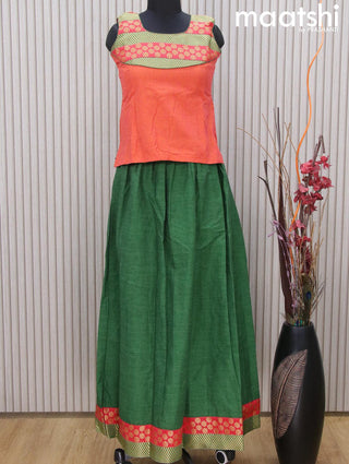 Mangalgiri cotton kids lehenga sunset orange and green with patch work neck pattern and zari woven border Sleeve attached