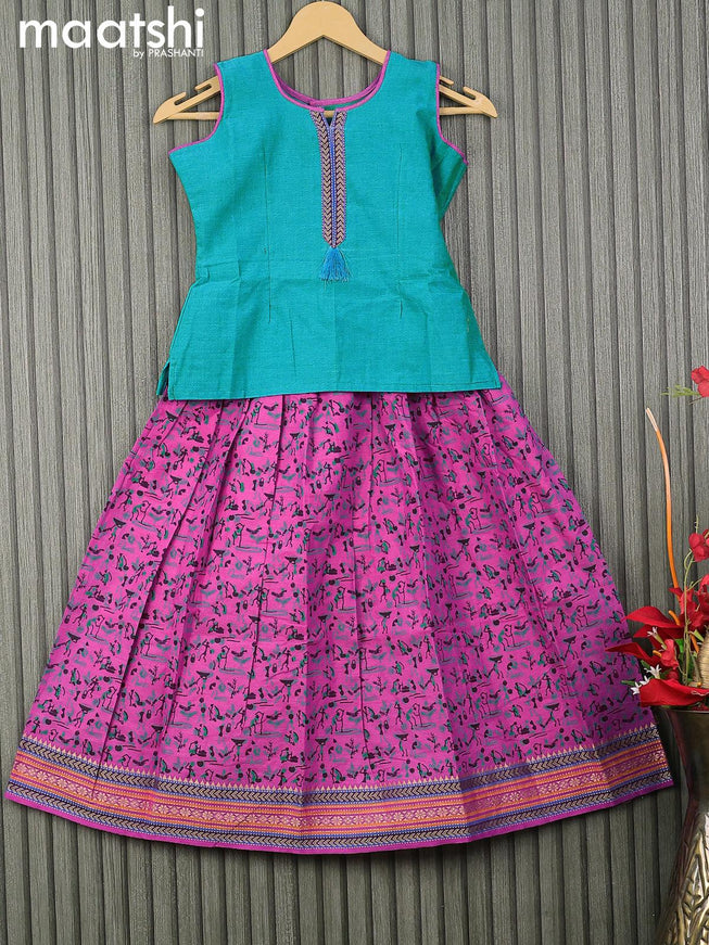 Mangalgiri cotton kids lehenga teal blue and pink with patch work neck pattern and warli prints & woven border for 7 years - {{ collection.title }} by Prashanti Sarees