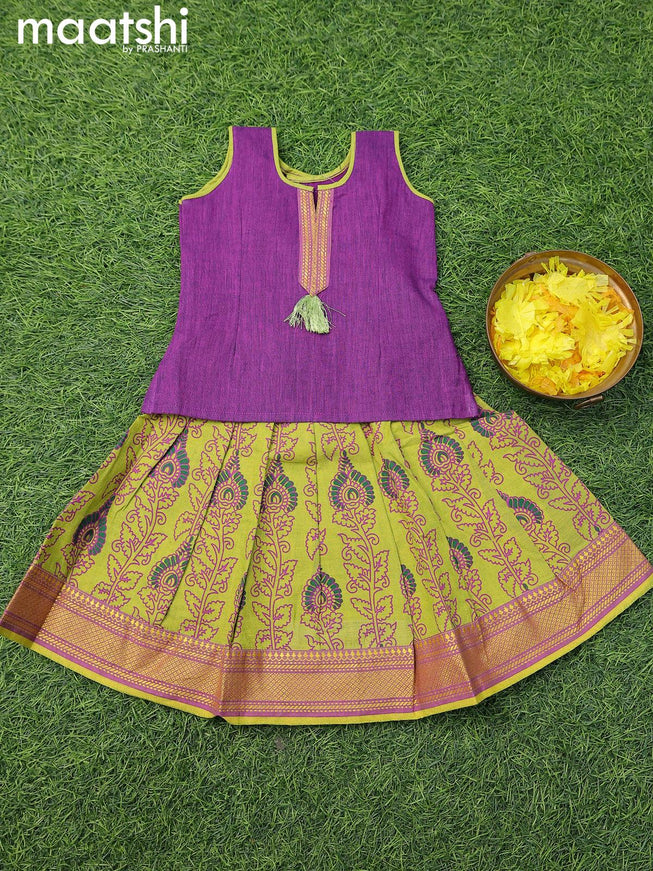 Mangalgiri cotton kids lehenga violet and green shade with patch work neck pattern and allover prints & woven border for 0 year - {{ collection.title }} by Prashanti Sarees