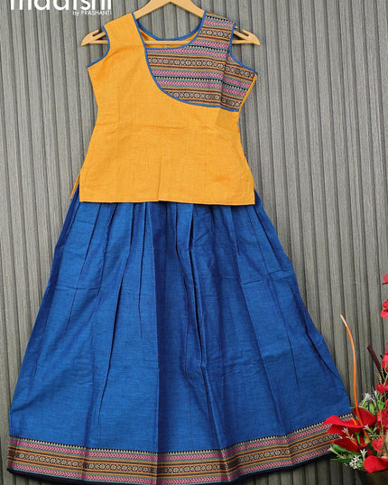 Mangalgiri cotton kids lehenga yellow and cs blue with patch work neck pattern and woven border for 10 years - {{ collection.title }} by Prashanti Sarees