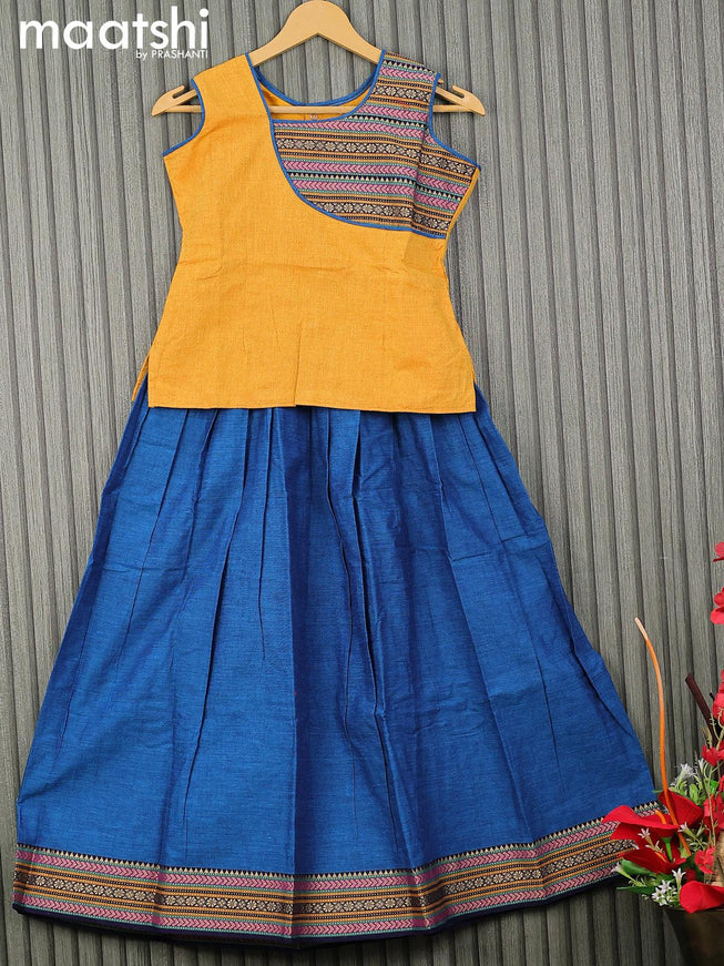 Mangalgiri cotton kids lehenga yellow and cs blue with patch work neck pattern and woven border for 10 years - {{ collection.title }} by Prashanti Sarees