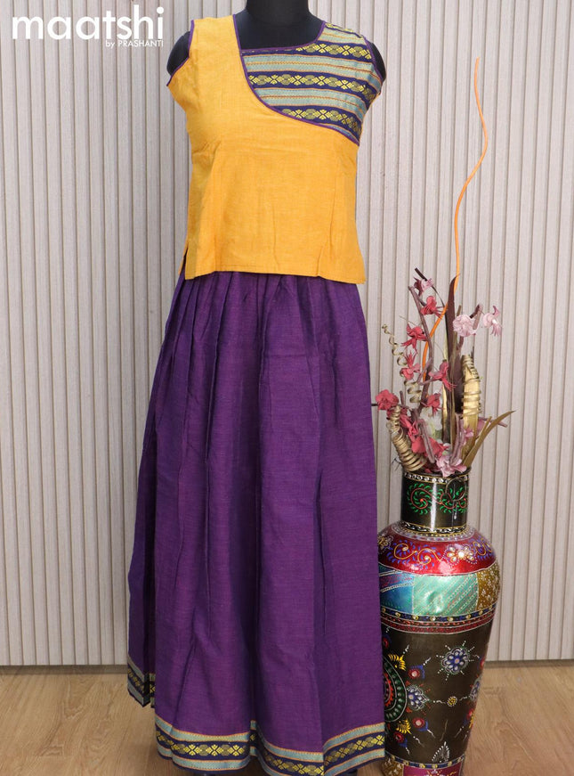 Mangalgiri cotton kids lehenga yellow and deep violet with patch work neck pattern and woven border for 12 years - {{ collection.title }} by Prashanti Sarees