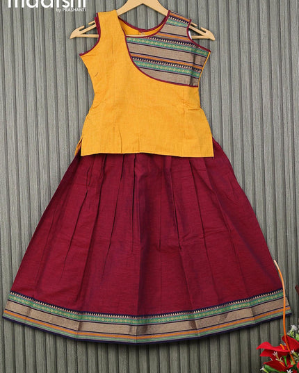 Mangalgiri cotton kids lehenga yellow and maroon with patch work neck pattern and woven border for 7 years - {{ collection.title }} by Prashanti Sarees
