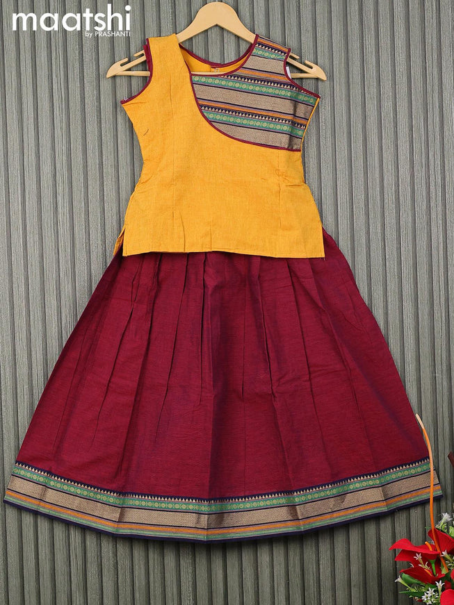 Mangalgiri cotton kids lehenga yellow and maroon with patch work neck pattern and woven border for 7 years - {{ collection.title }} by Prashanti Sarees