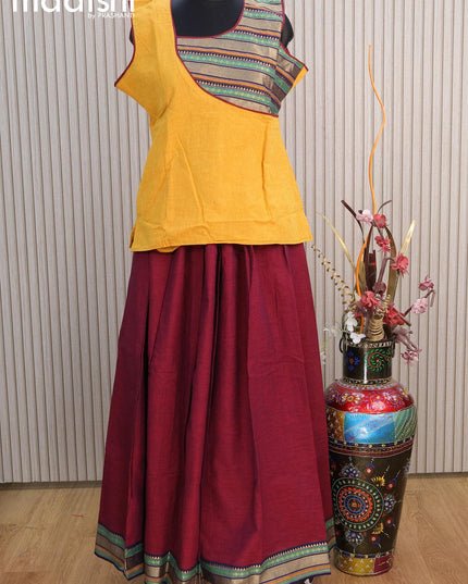 Mangalgiri cotton kids lehenga yellow shade and maroon with patch work neck pattern and woven border for 16 years - {{ collection.title }} by Prashanti Sarees