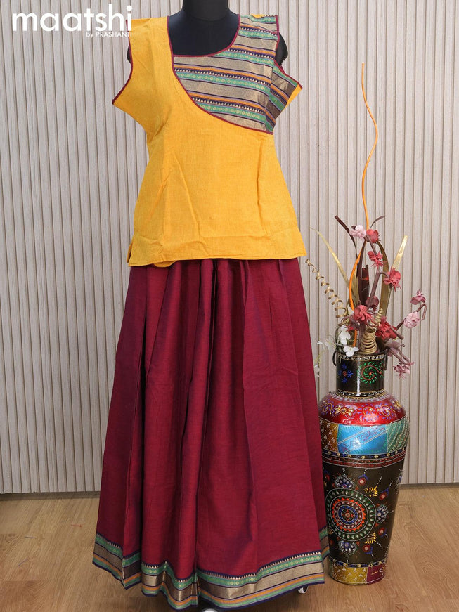 Mangalgiri cotton kids lehenga yellow shade and maroon with patch work neck pattern and woven border for 16 years - {{ collection.title }} by Prashanti Sarees