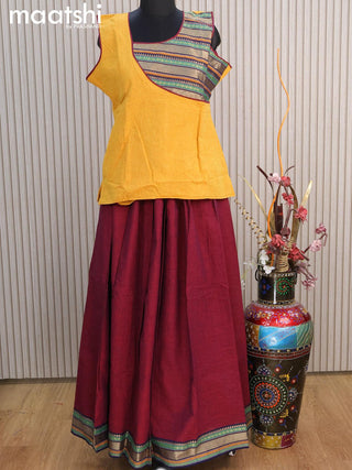 Mangalgiri cotton kids lehenga yellow shade and maroon with patch work neck pattern and woven border for 16 years