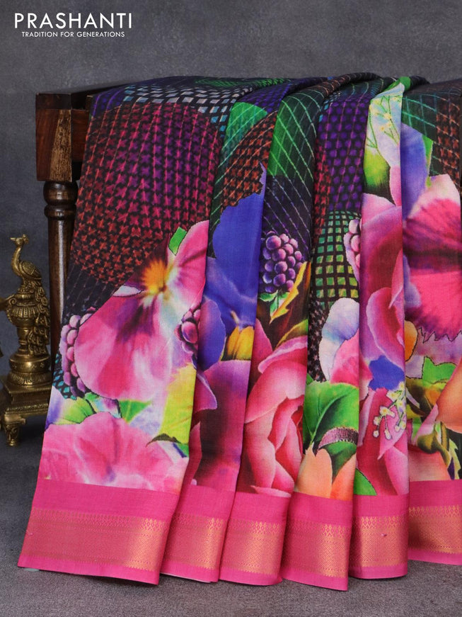 Mangalgiri silk cotton saree black and pink with allover floral prints and copper zari woven border - {{ collection.title }} by Prashanti Sarees