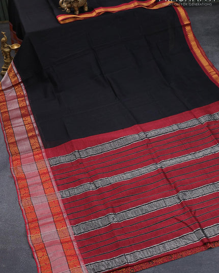 Mangalgiri silk cotton saree black and red with hand block printed blouse and peacock zari woven border - {{ collection.title }} by Prashanti Sarees