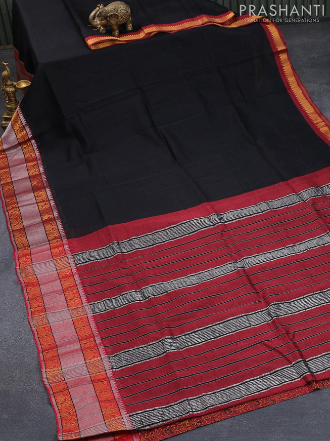Mangalgiri silk cotton saree black and red with hand block printed blouse and peacock zari woven border - {{ collection.title }} by Prashanti Sarees