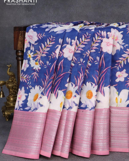 Mangalgiri silk cotton saree blue and pastel pink with allover floral prints and silver zari woven border - {{ collection.title }} by Prashanti Sarees