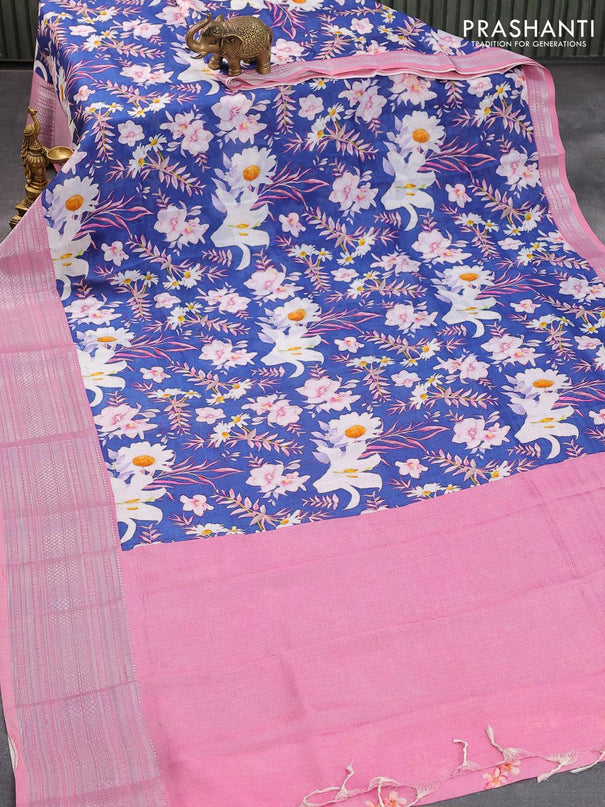 Mangalgiri silk cotton saree blue and pastel pink with allover floral prints and silver zari woven border - {{ collection.title }} by Prashanti Sarees