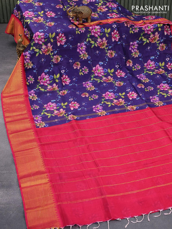 Mangalgiri silk cotton saree blue and pink with allover floral prints and zari woven border - {{ collection.title }} by Prashanti Sarees