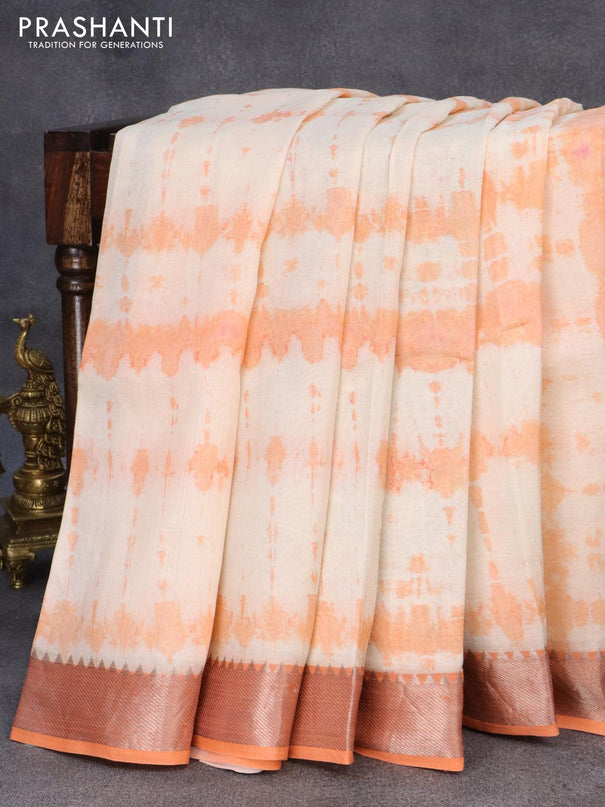 Mangalgiri silk cotton saree cream and orange with allover prints and silver zari woven border - {{ collection.title }} by Prashanti Sarees