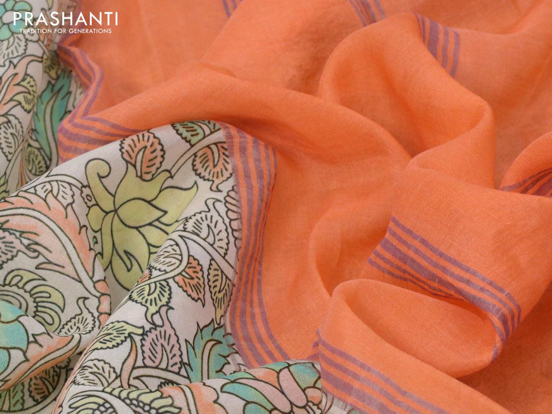 Mangalgiri silk cotton saree cream and orange with allover prints and silver zari woven border - {{ collection.title }} by Prashanti Sarees