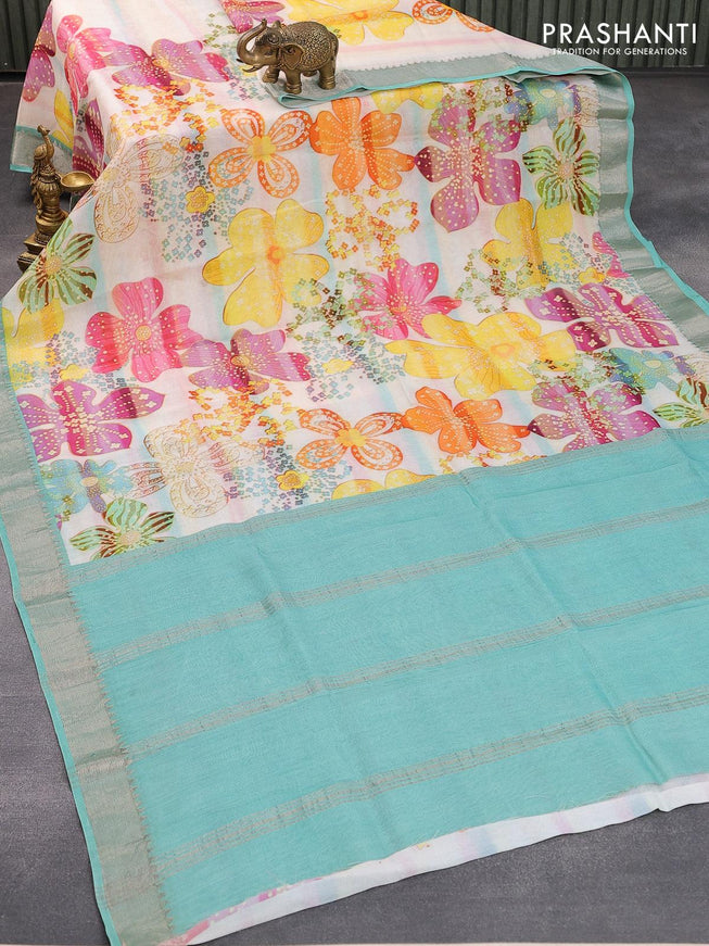 Mangalgiri silk cotton saree cream and teal green with allover floral prints and silver zari woven border - {{ collection.title }} by Prashanti Sarees