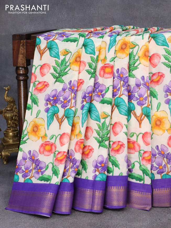 Mangalgiri silk cotton saree cream and violet with allover floral prints and zari woven border - {{ collection.title }} by Prashanti Sarees