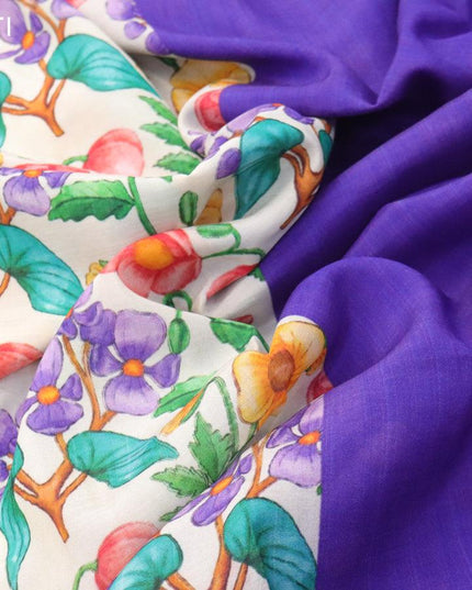 Mangalgiri silk cotton saree cream and violet with allover floral prints and zari woven border - {{ collection.title }} by Prashanti Sarees