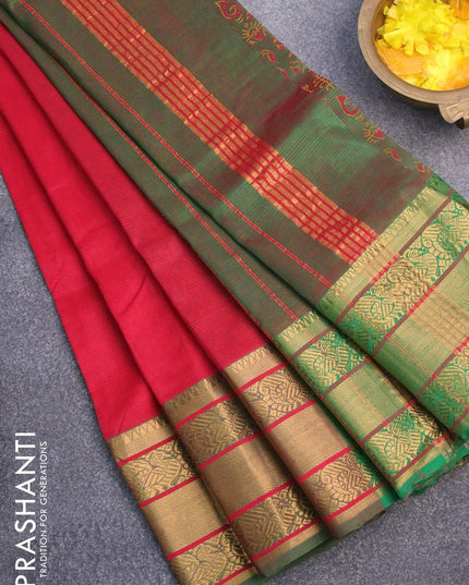 Mangalgiri silk cotton saree dark pink shade and dual shade of green with hand block printed blouse and annam zari woven border - {{ collection.title }} by Prashanti Sarees
