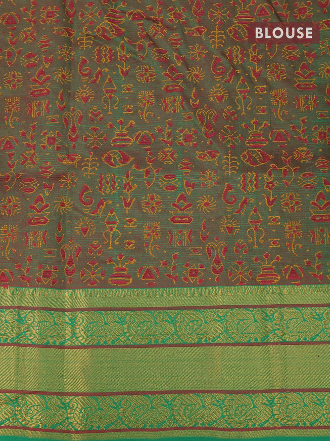Mangalgiri silk cotton saree dark pink shade and dual shade of green with hand block printed blouse and annam zari woven border - {{ collection.title }} by Prashanti Sarees