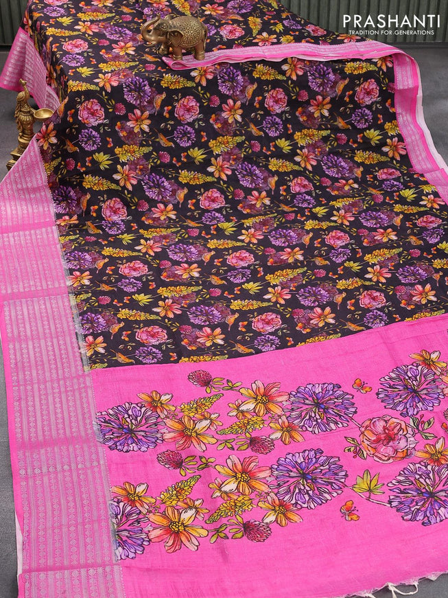 Mangalgiri silk cotton saree deep jamun shade and pink with allover floral prints and silver zari woven border - {{ collection.title }} by Prashanti Sarees
