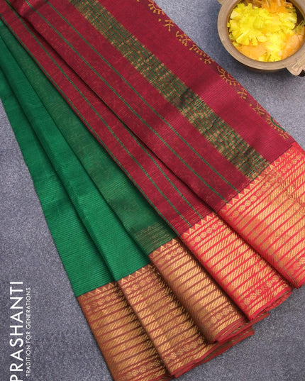 Mangalgiri silk cotton saree green and maroon with hand block printed blouse and zari woven border - {{ collection.title }} by Prashanti Sarees