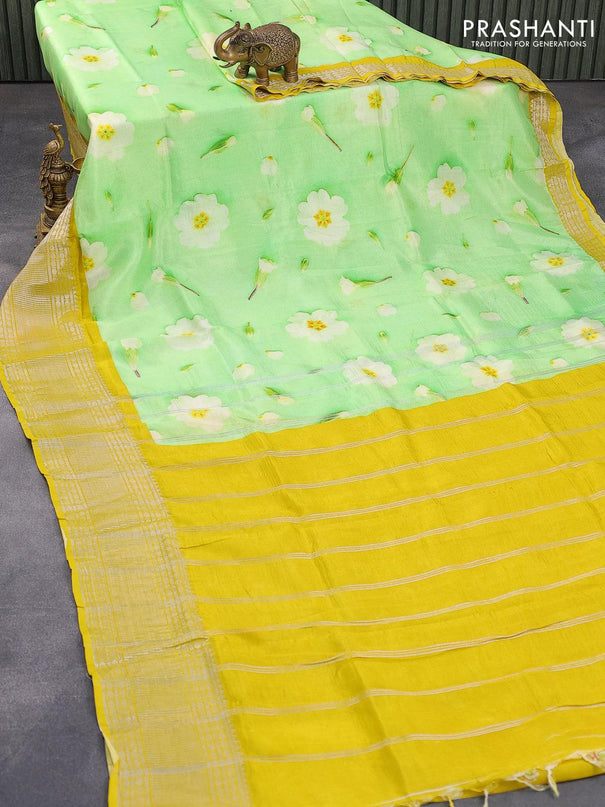 Mangalgiri silk cotton saree green and mustard yellow with allover floral prints and silver zari woven border - {{ collection.title }} by Prashanti Sarees