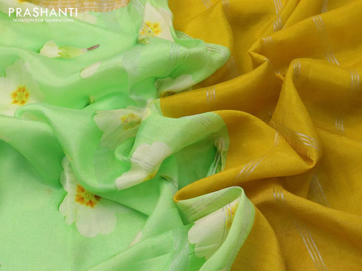 Mangalgiri silk cotton saree green and mustard yellow with allover floral prints and silver zari woven border - {{ collection.title }} by Prashanti Sarees