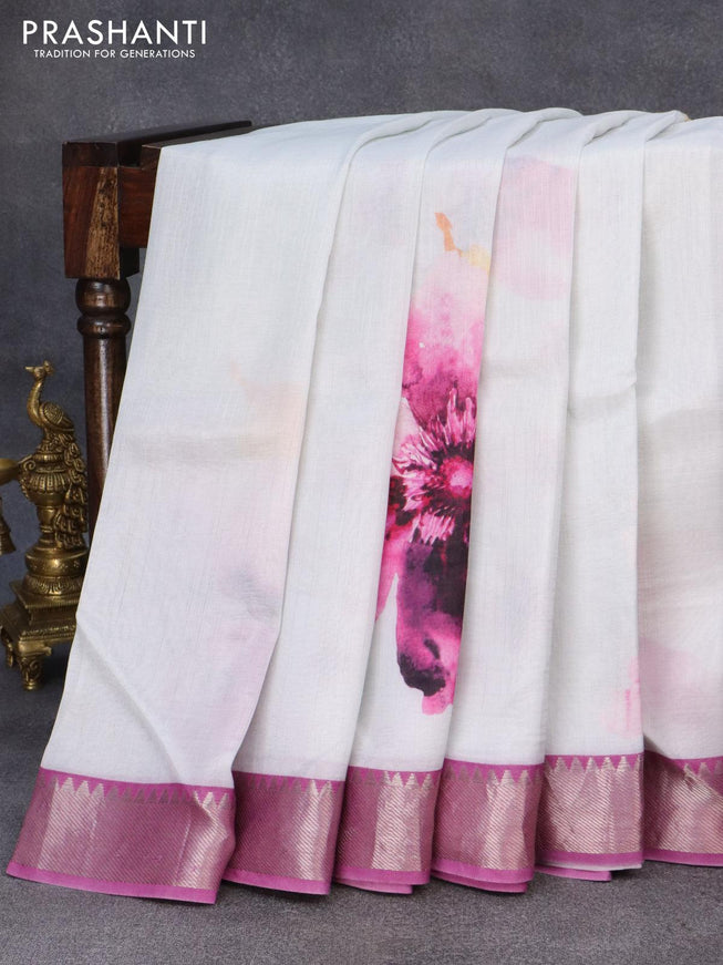 Mangalgiri silk cotton saree grey and purple with floral prints and silver zari woven border - {{ collection.title }} by Prashanti Sarees