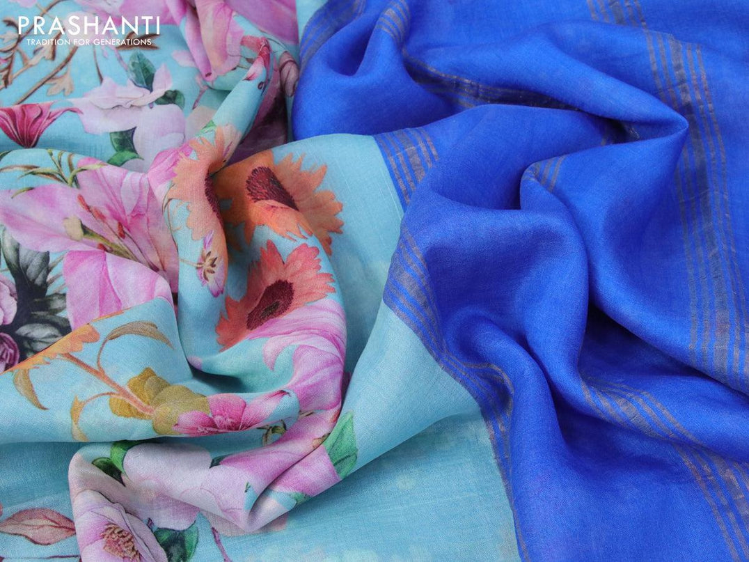 Mangalgiri silk cotton saree light blue and blue with allover floral prints and silver zari woven border - {{ collection.title }} by Prashanti Sarees