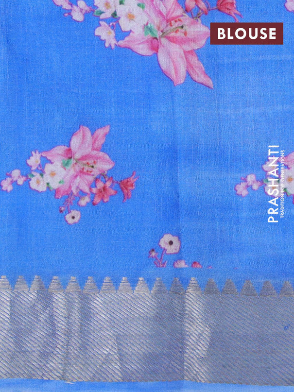 Mangalgiri silk cotton saree light blue and blue with allover floral prints and silver zari woven border - {{ collection.title }} by Prashanti Sarees