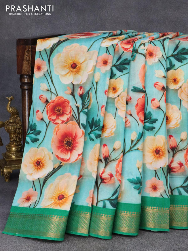 Mangalgiri silk cotton saree light blue and green with allover floral prints and zari woven border - {{ collection.title }} by Prashanti Sarees