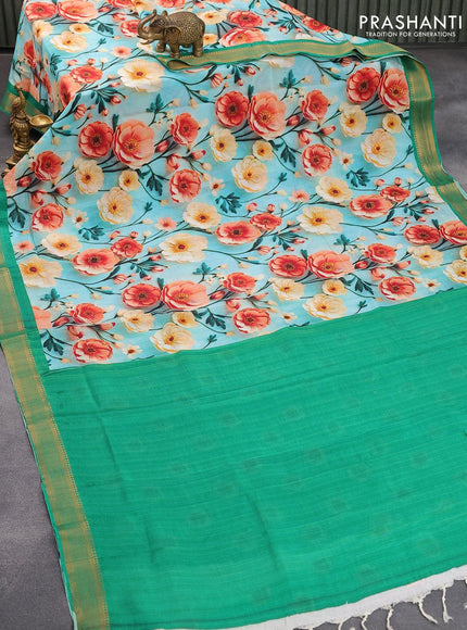 Mangalgiri silk cotton saree light blue and green with allover floral prints and zari woven border - {{ collection.title }} by Prashanti Sarees