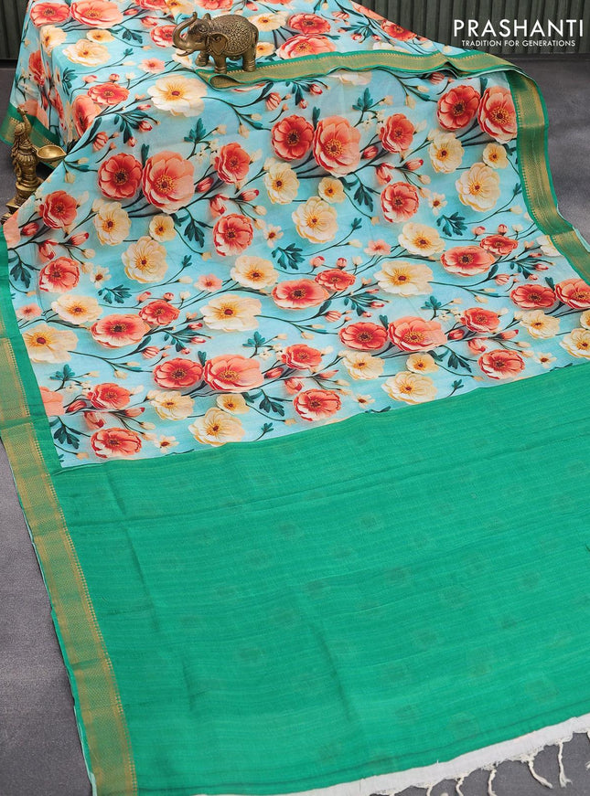 Mangalgiri silk cotton saree light blue and green with allover floral prints and zari woven border - {{ collection.title }} by Prashanti Sarees