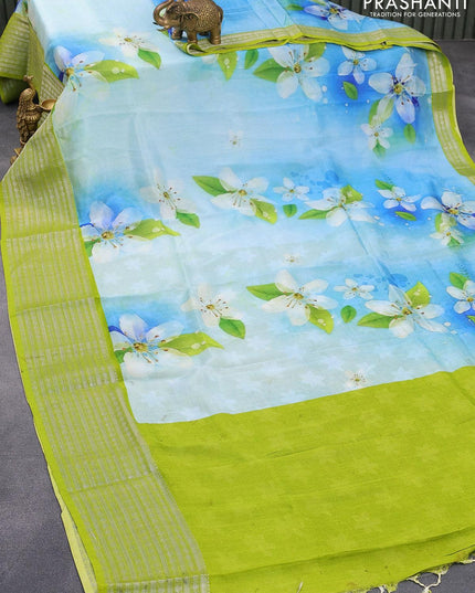 Mangalgiri silk cotton saree light blue and light green with allover floral prints and silver zari woven border - {{ collection.title }} by Prashanti Sarees